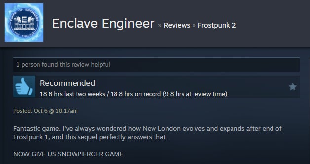 Εικόνα για ένα άρθρο με τίτλο Frozen City Builder Frostpunk 2, όπως αναφέρεται στις κριτικές Steam